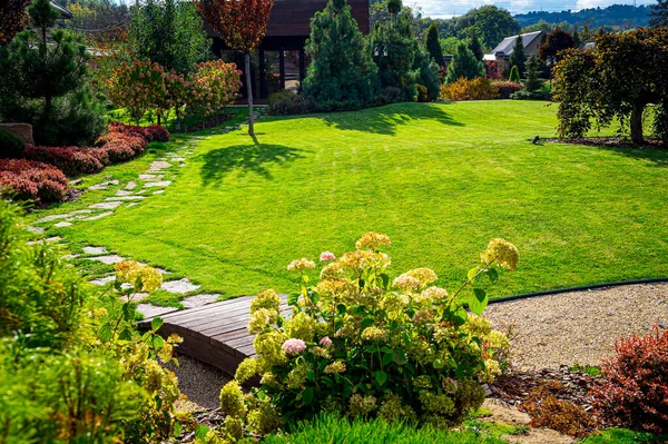 フロントヤード 家の後ろに明るい緑の芝生と交差する多色の低木と景観デザインは 現代的な庭のケアサービス 背景のための美しい庭と緑の草です — ストック写真