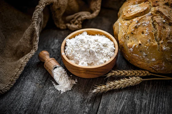 Wheat Flour Old Wooden Table Homemade Bread — Stock Fotó