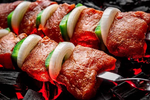 Fresh meat shish kebab cooked on charcoal — стоковое фото