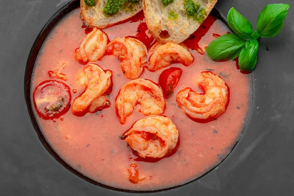 Seafood Tomato Soup Bouillabaisse Croutons Pesto Sauce Healthly Food Serving — Stock Photo, Image