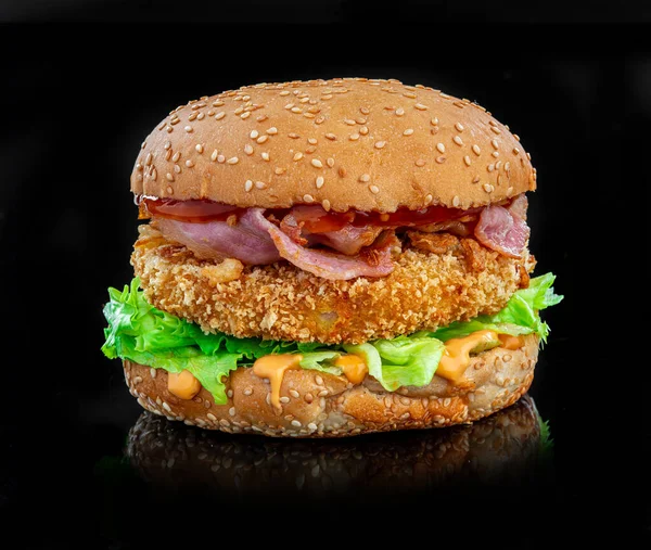 Fresh Tasty Burger Black Background Photo Menu — Stock fotografie