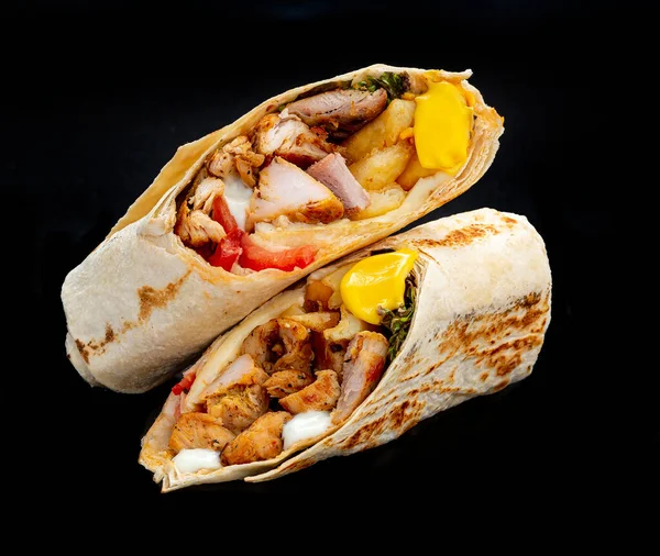 Beef Shawarma Dark Background Shawarma Beef Pita Bread Photo Menu — Fotografia de Stock