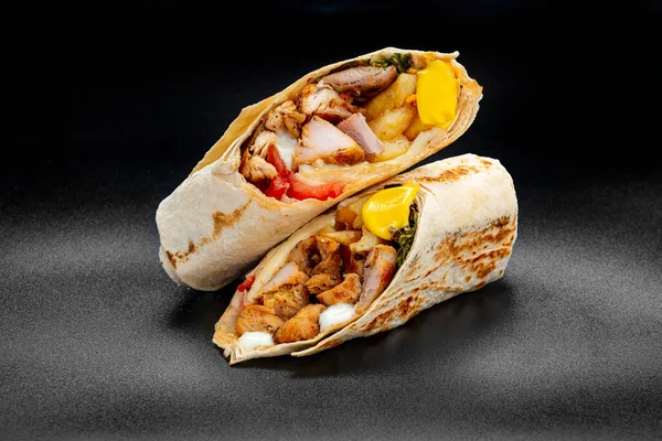 Beef Shawarma Dark Background Shawarma Beef Pita Bread Photo Menu — Fotografia de Stock