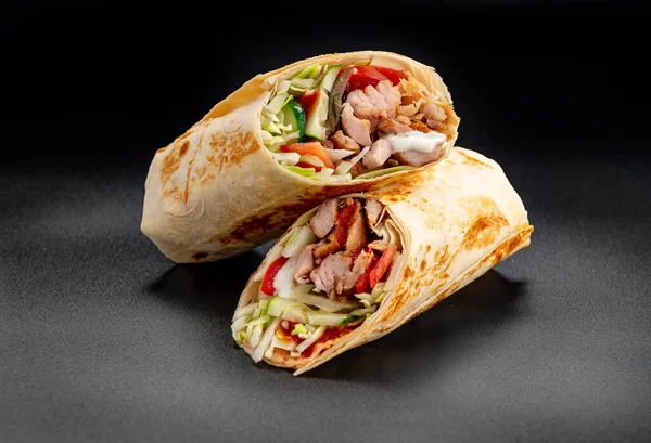 Beef Shawarma Dark Background Shawarma Beef Pita Bread Photo Menu — Fotografia de Stock