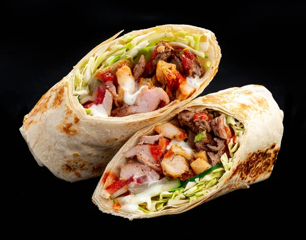 Beef Shawarma Dark Background Shawarma Beef Pita Bread Photo Menu — Fotografia de Stock