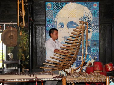 Vietnamlı müzisyen Dan Trung Vietnam 'ın geleneksel müzik enstrümanını çalıyor. Dan Trung müzik aleti