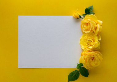 Sarı arka planda güllerle yapılmış çiçek süsü. Yüksek kalite fotoğraf