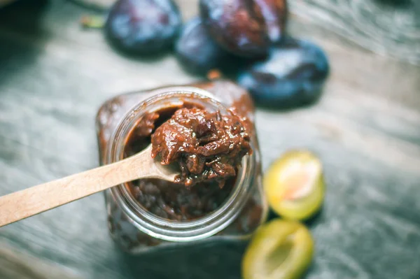 Top View Plum Jam Glass Jar Spoon Homemade Sweet Dessert — Stock Photo, Image