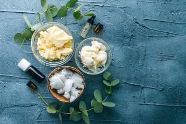 Shea yağı, kakao yağı ve hindistan cevizi yağı deriyi nemlendirir. Yüksek kalite fotoğraf.