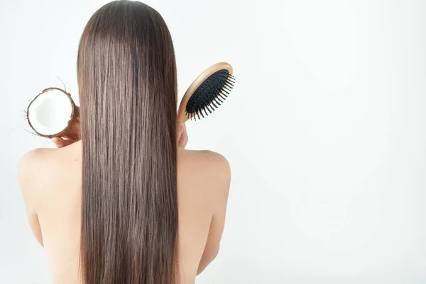 Cabello Perfecto Teniendo Cuidado Con Aceite Coco Foto Alta Calidad — Foto de Stock