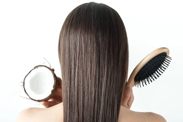 Cabello Perfecto Teniendo Cuidado Con Aceite Coco Foto Alta Calidad — Foto de Stock