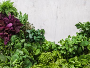 Ahşap arka planda taze otların bileşimi. Yüksek kalite fotoğraf