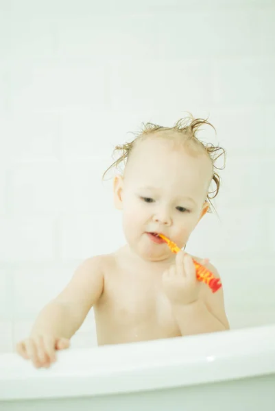 Cute Babygirl Bathroom Baby Learning Clean Teeth Toothbrush — Stock Photo, Image