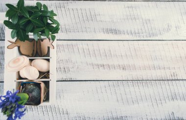 Kutuda tahta yumurtalar, kuduzlar ve çiçeklerle Paskalya süslemesi.