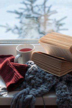 Pencerenin dışında kar ve kapalı alanda kitap