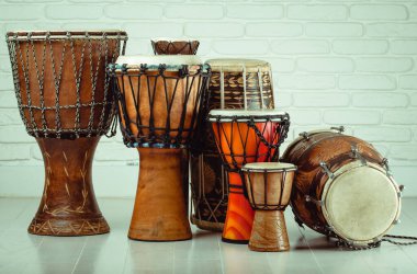 variation of ethnic drums different sizes from small to huge