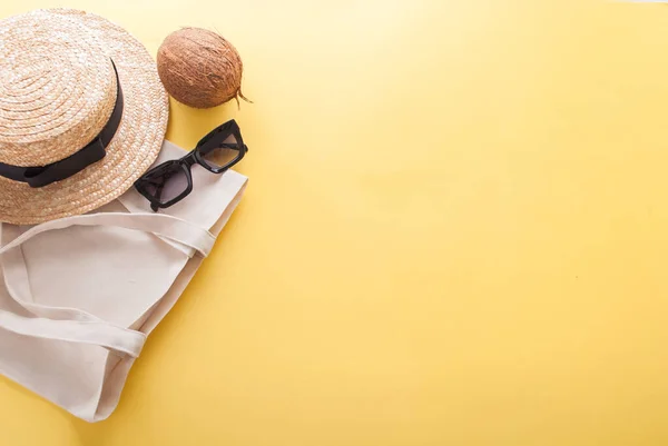 Yellow Background Studio Shot Summer Vacation Stuff — Stock Photo, Image