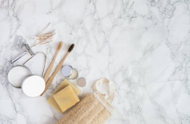 Sıfır atık tekrar kullanılabilir banyo takımı. Üst Manzara. Yüksek kalite fotoğraf