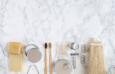 Sıfır atık tekrar kullanılabilir banyo takımı. Üst Manzara. Yüksek kalite fotoğraf