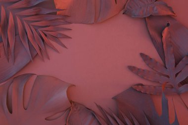 Yapraklar ve mavi ve kırmızı ışıklarla yapılmış tropikal bir arka plan. yaratıcı fikir