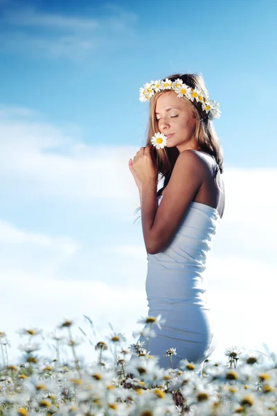 Mädchen im Kleid auf dem Gänseblümchenblumenfeld — Stockfoto