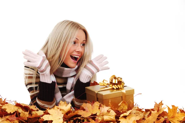 Woman take autumn gift — Stock Photo, Image