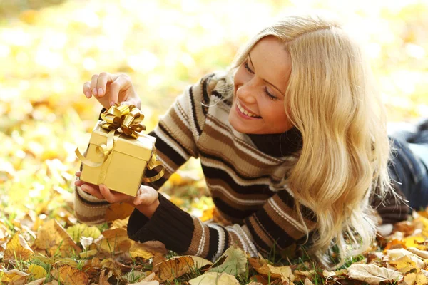 Mujer tomar regalo de otoño — Foto de Stock