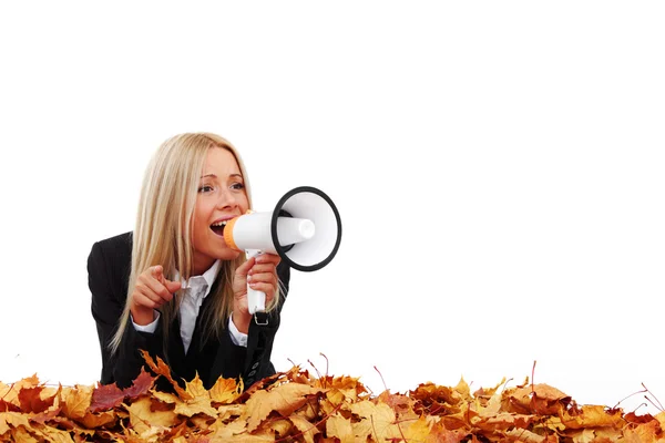 Autumn businesswoman with megaphone — Stock Photo, Image