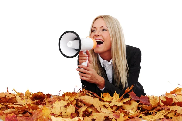 Herfst zakenvrouw met megafoon — Stockfoto