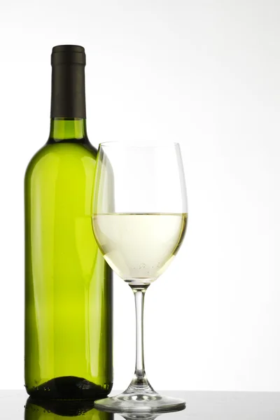 Bottle with white wine and glass — Stock Photo, Image