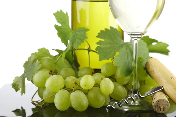 Bottle with white wine and glass and grapes — Stock Photo, Image