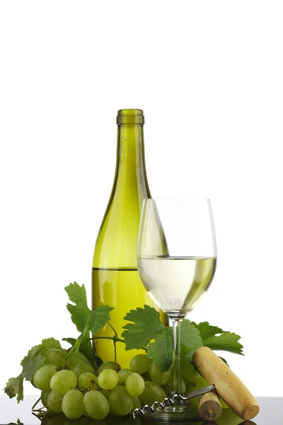 Bottle with white wine and glass and grapes — Stock Photo, Image