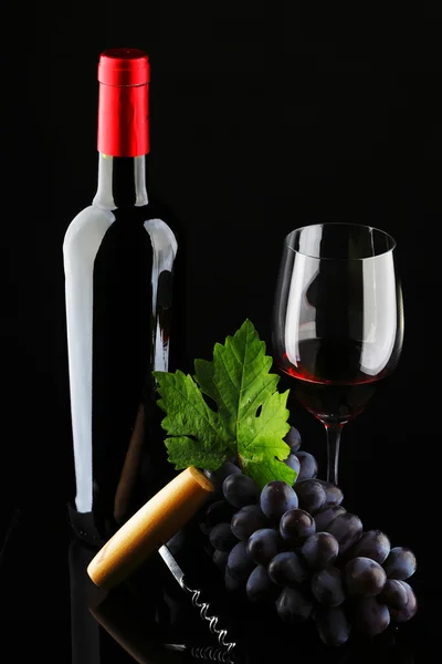 Бутылка с красным вином, бокалом и виноградом — стоковое фото