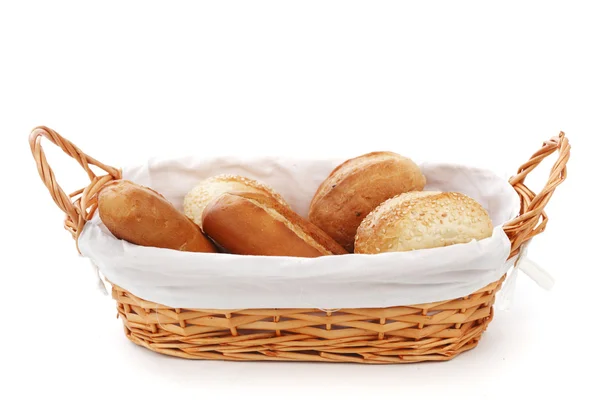 Bread in wicker basket isolated on white — Stock Photo, Image