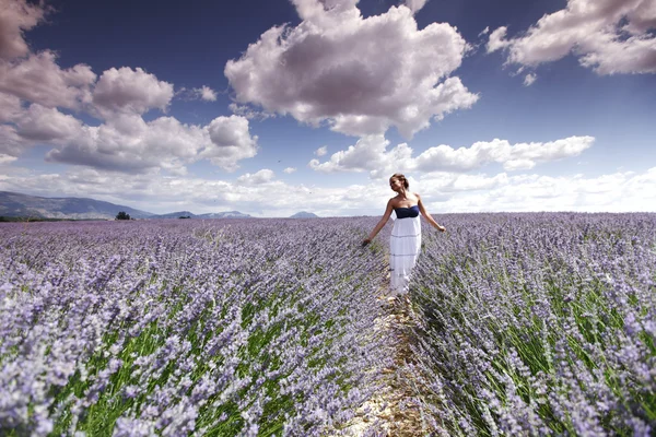 Mulher no campo de lavanda — Fotografia de Stock