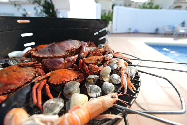 Crevettes crabes sur le gril de charbon de bois — Photo