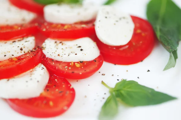 Tranches de tomate et de mozzarella dans une assiette — Photo