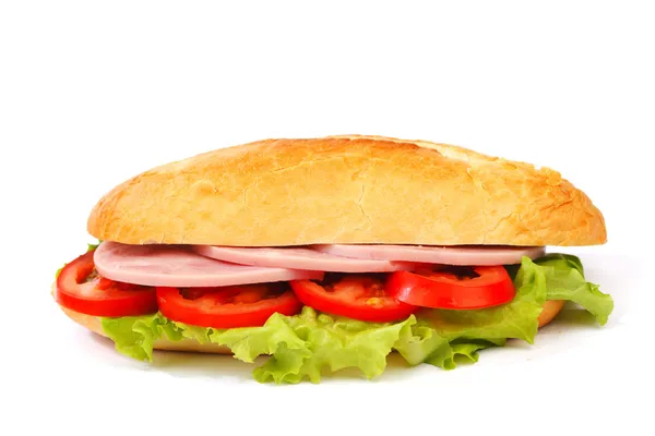 Close-up van sandwich met ham en vers fruit — Stockfoto