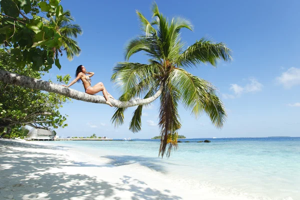 Kvinna på palm på havet backgroud — Stockfoto