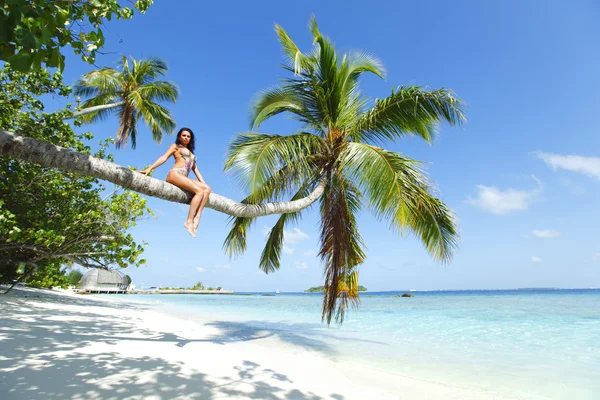 Femme sur palmier sur backgroud marin — Photo