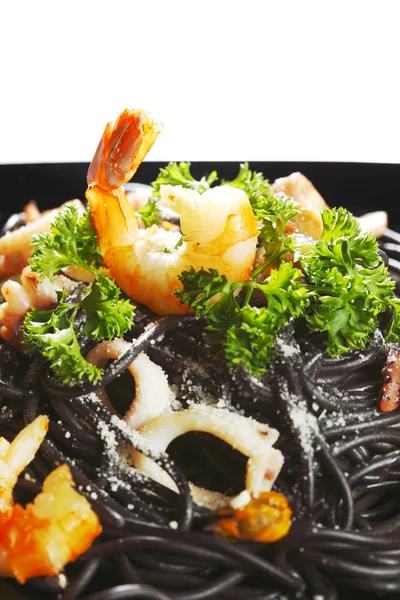 Black spaghetti with seafood — Stock Photo, Image