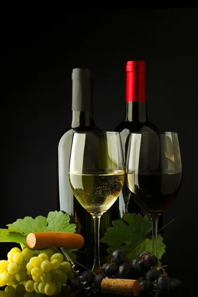Δύο μπουκάλι κόκκινο και λευκό κρασί — Φωτογραφία Αρχείου