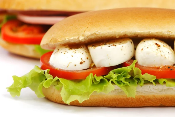 Sanduíche com tomate mussarela e salada — Fotografia de Stock