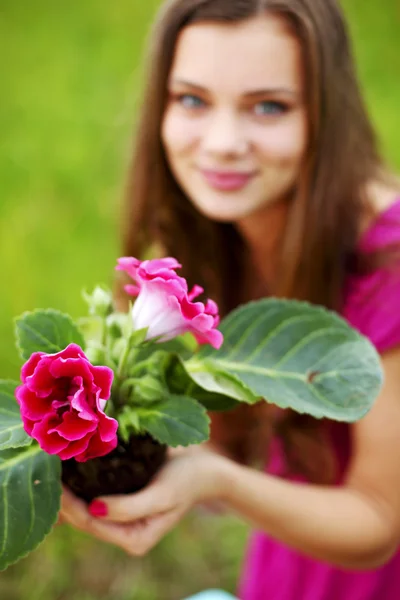 Woman growing flower — Stock Photo, Image