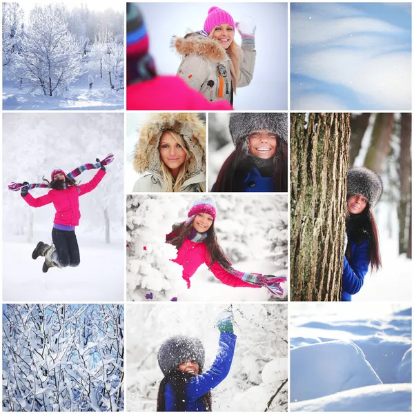 Colagem de mulheres no parque de inverno — Fotografia de Stock