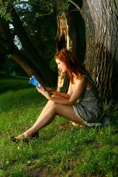 Unga vackra kvinnan som sitter under träd i skogen — Stockfoto