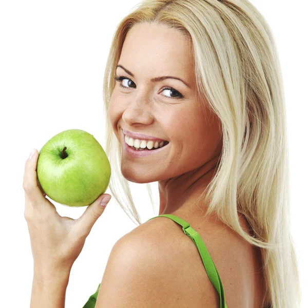 Mujer sosteniendo manzana verde — Foto de Stock