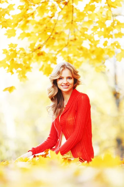 女子坐在秋天的树叶 — 图库照片