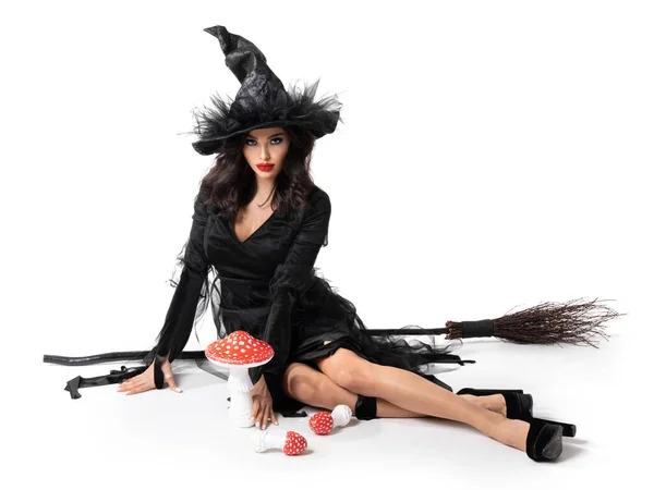 Halloween Čarodějnice Koštětem Muškou Agarika Jedovaté Houby Sedí Izolované Bílém — Stock fotografie