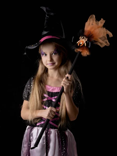 Mignon Halloween Sorcière Fille Costume Fantaisie Caractère Positif Isolé Sur — Photo